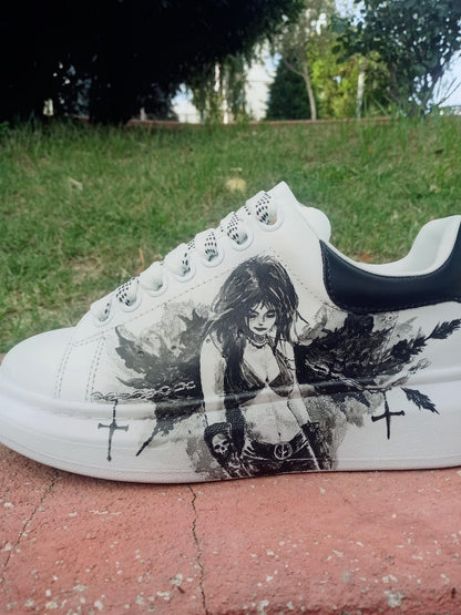 Custom Hand-Painted Sneakers: Gothic Cross Chains Dark Art