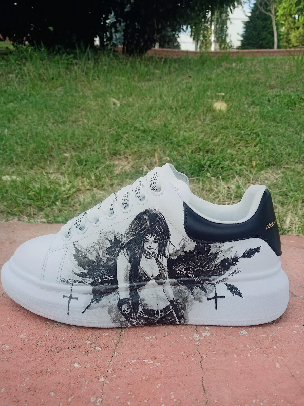 Custom Hand-Painted Sneakers: Gothic Cross Chains Dark Art