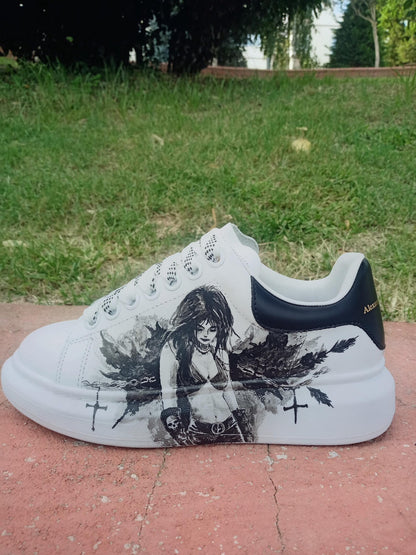 Custom Hand-Painted Sneakers: Gothic Cross Chains Dark Art
