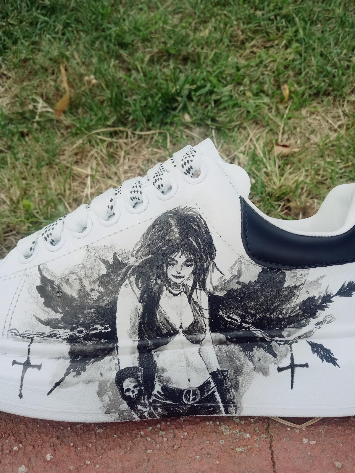 Custom Hand-Painted Sneakers: Gothic Cross Chains Dark Art