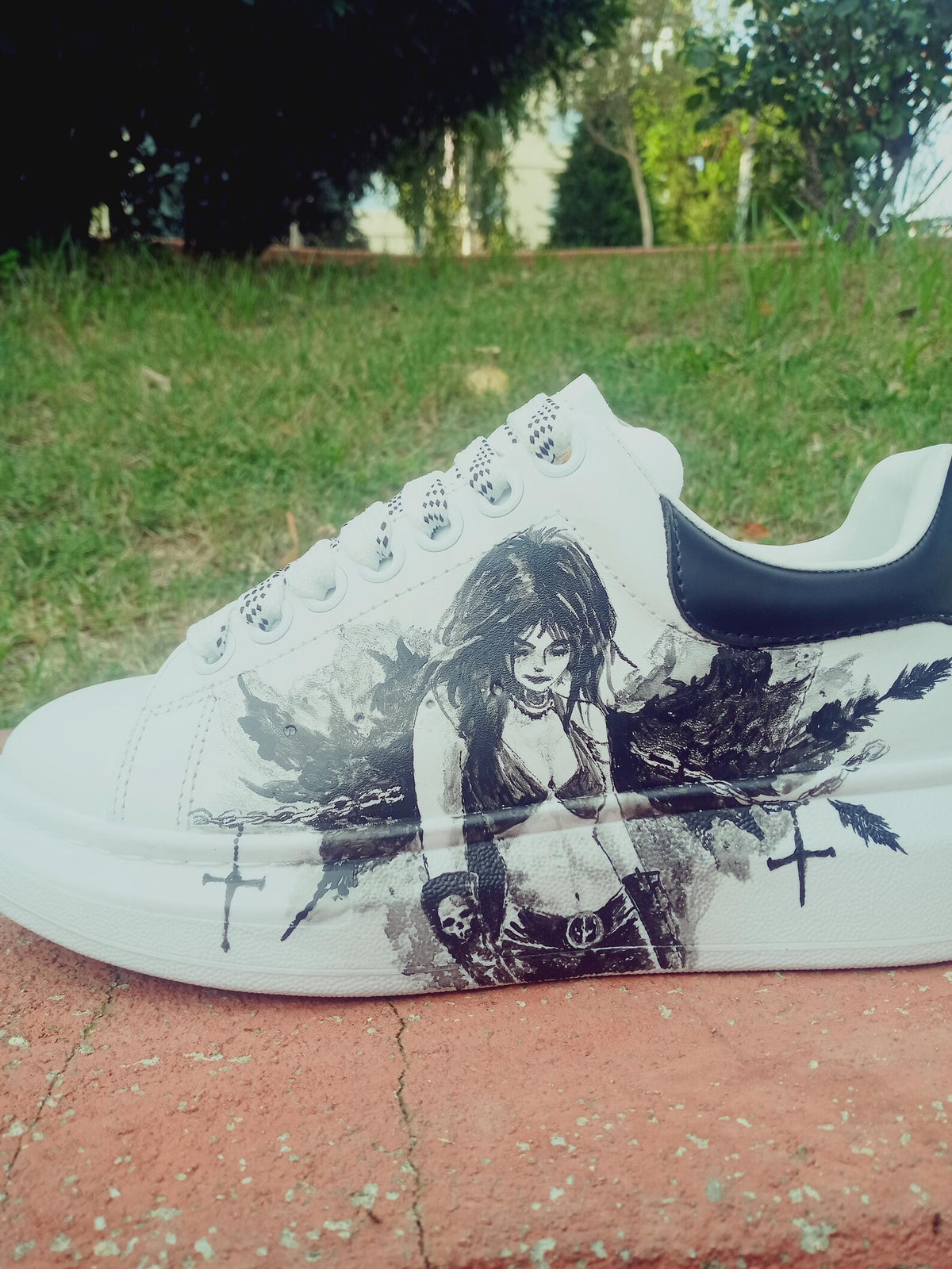 Custom Hand-Painted Sneakers: Gothic Cross Chains Dark Art