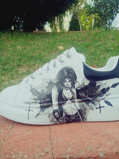 Custom Hand-Painted Sneakers: Gothic Cross Chains Dark Art
