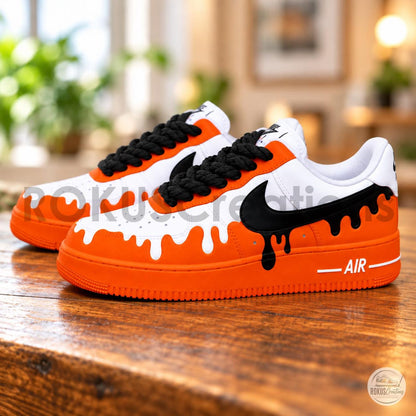 Orange Black Drip Custom Air Force 1 Sneakers, Hand Painted Orange Drip AF1 Shoes, Streetwear Drip Shoes, Gift for Him