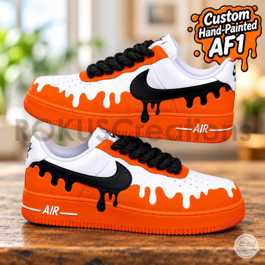 Orange Black Drip Custom Air Force 1 Sneakers, Hand Painted Orange Drip AF1 Shoes, Streetwear Drip Shoes, Gift for Him