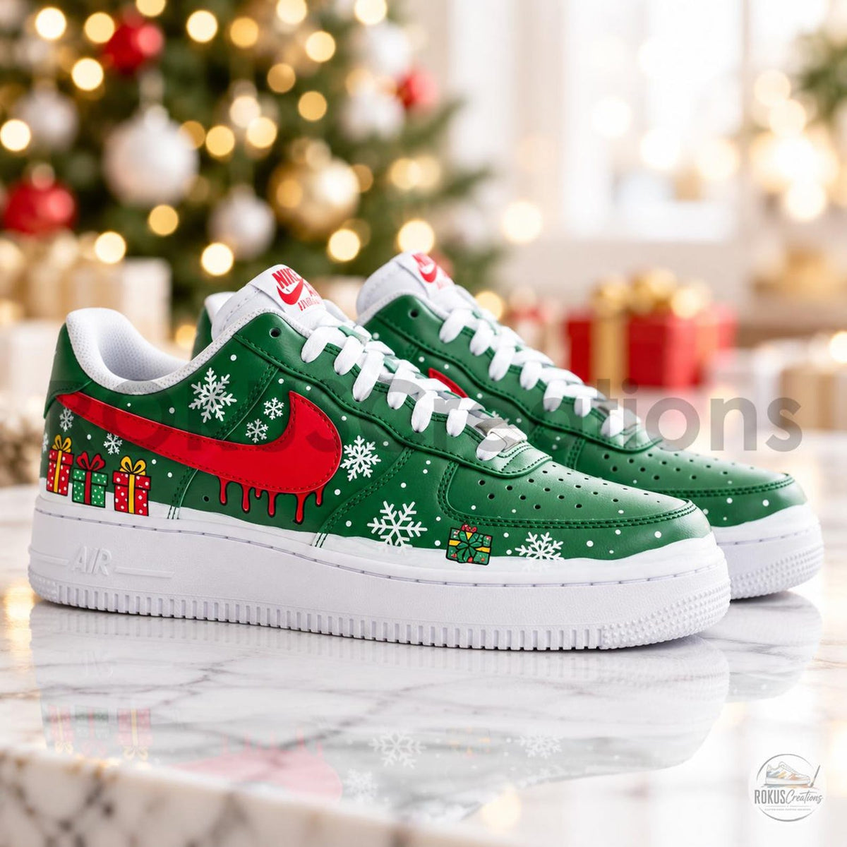 Hand Painted Christmas Shoes, Green Red Drip Swoosh Snowflake Art, Custom AF1 Sneakers, Holiday Gift for Him