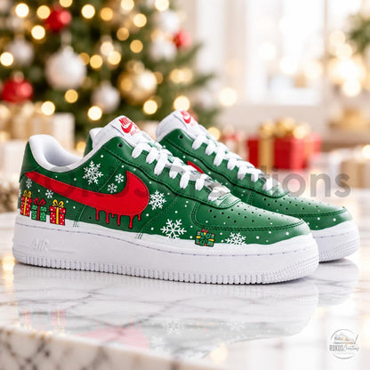 Hand Painted Christmas Shoes, Green Red Drip Swoosh Snowflake Art, Custom AF1 Sneakers, Holiday Gift for Him
