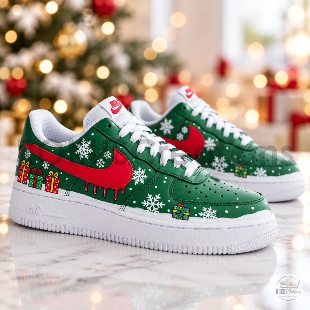 Hand Painted Christmas Shoes, Green Red Drip Swoosh Snowflake Art, Custom AF1 Sneakers, Holiday Gift for Him