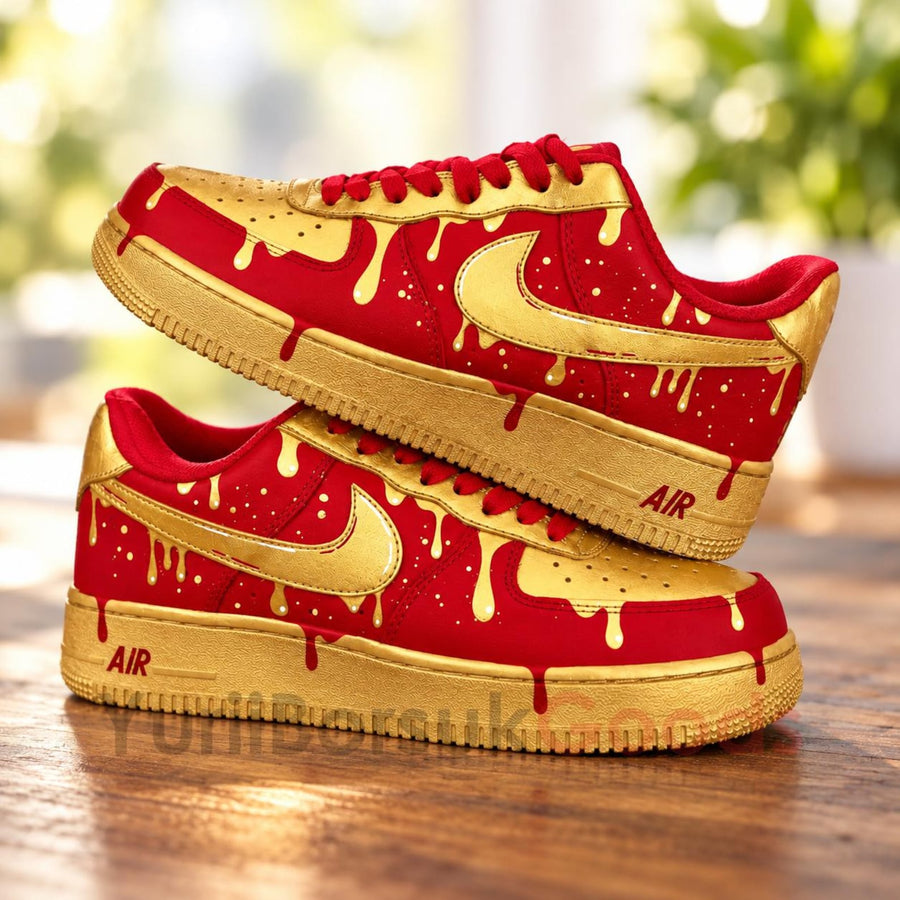 Hand Painted Red Gold Drip Air Force 1 Shoes, Custom AF1 Sneakers, Birthday Gift for Him