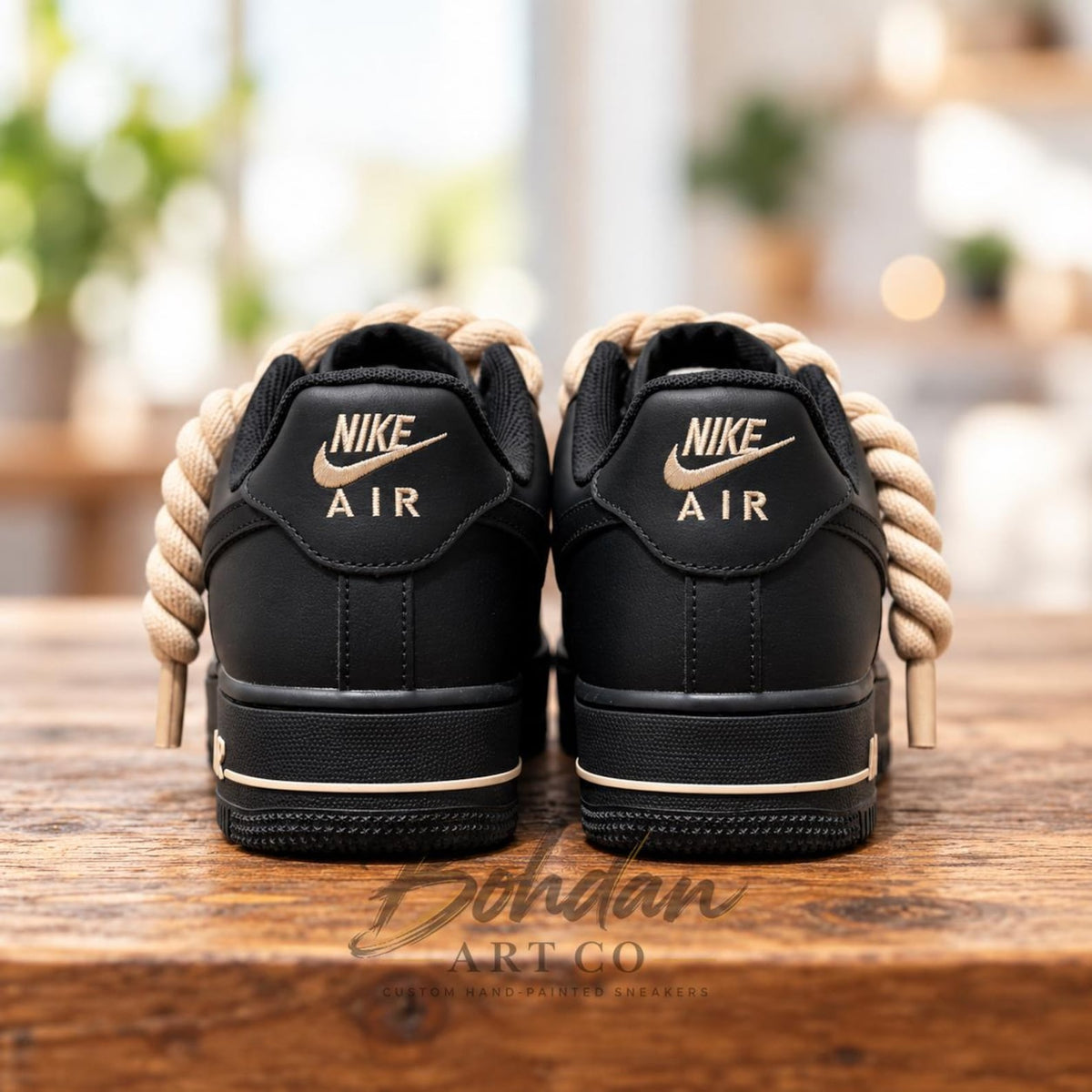 Hand Painted Black Beige Drip Custom AF1 Shoes, Chunky Cream Rope Laces Art, Birthday Gift for Him