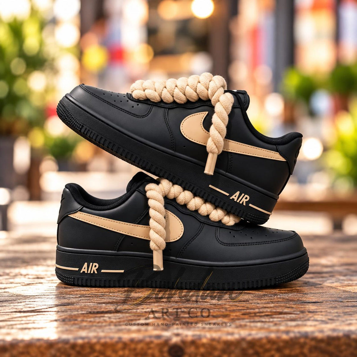 Hand Painted Black Beige Drip Custom AF1 Shoes, Chunky Cream Rope Laces Art, Birthday Gift for Him