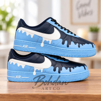Hand Painted Sky Blue Drip Art Shoes, Two Tone Navy Melting Liquid Effect, Custom Air Force 1, Sneakerhead Gift