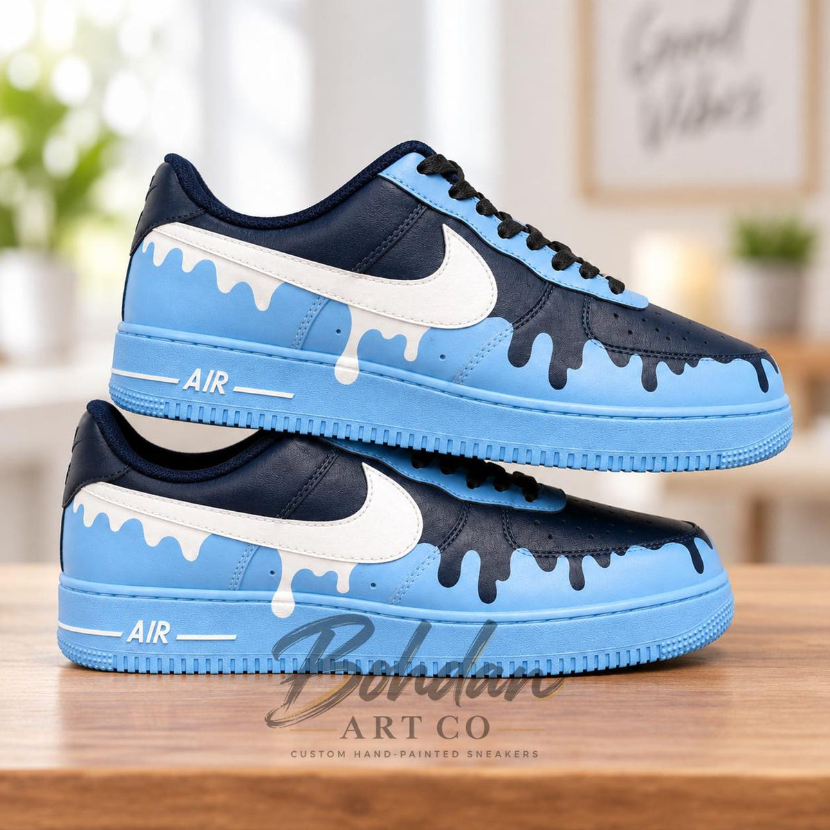 Hand Painted Sky Blue Drip Art Shoes, Two Tone Navy Melting Liquid Effect, Custom Air Force 1, Sneakerhead Gift