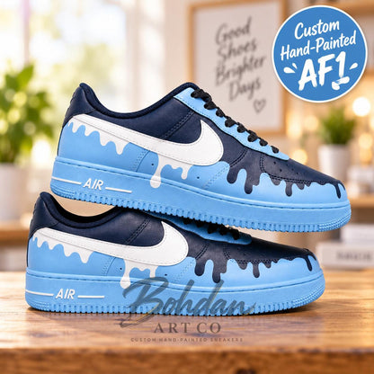 Hand Painted Sky Blue Drip Art Shoes, Two Tone Navy Melting Liquid Effect, Custom Air Force 1, Sneakerhead Gift