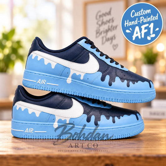 Hand Painted Sky Blue Drip Art Shoes, Two Tone Navy Melting Liquid Effect, Custom Air Force 1, Sneakerhead Gift