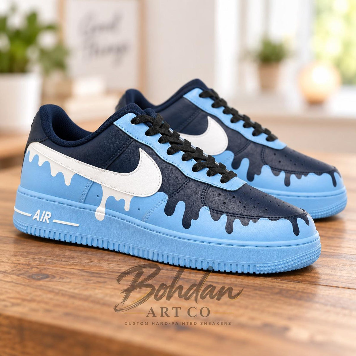Hand Painted Sky Blue Drip Art Shoes, Two Tone Navy Melting Liquid Effect, Custom Air Force 1, Sneakerhead Gift