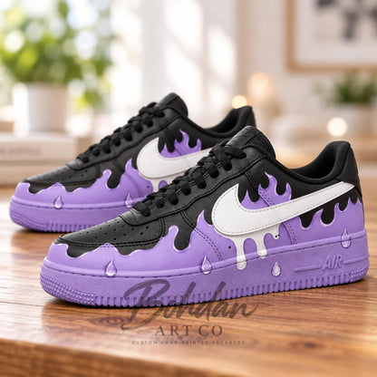 Hand Painted Purple Drip AF1 Shoes, Black and Purple Melting Liquid Kicks, Custom Air Force 1, Anniversary Gift