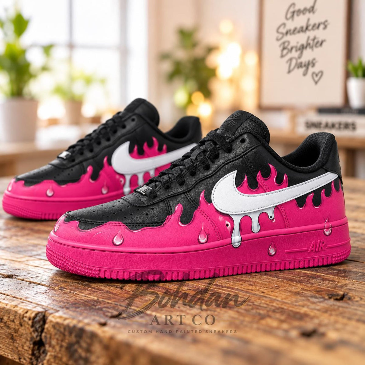 Hand Painted Hot Pink Drip AF1 Shoes, Black Glossy Melting Slime Artwork, Custom Air Force 1, Personalized Streetwear Gift