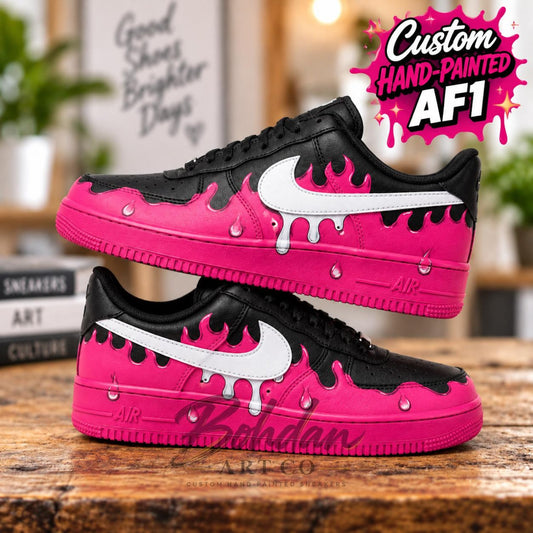 Hand Painted Hot Pink Drip AF1 Shoes, Black Glossy Melting Slime Artwork, Custom Air Force 1, Personalized Streetwear Gift