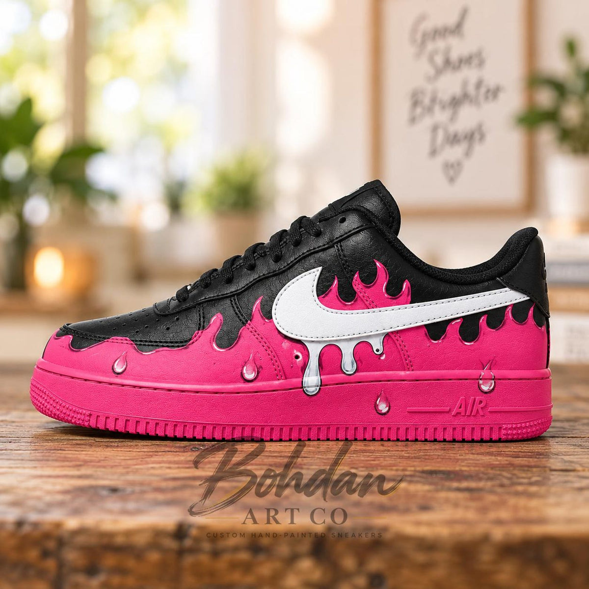 Hand Painted Hot Pink Drip AF1 Shoes, Black Glossy Melting Slime Artwork, Custom Air Force 1, Personalized Streetwear Gift