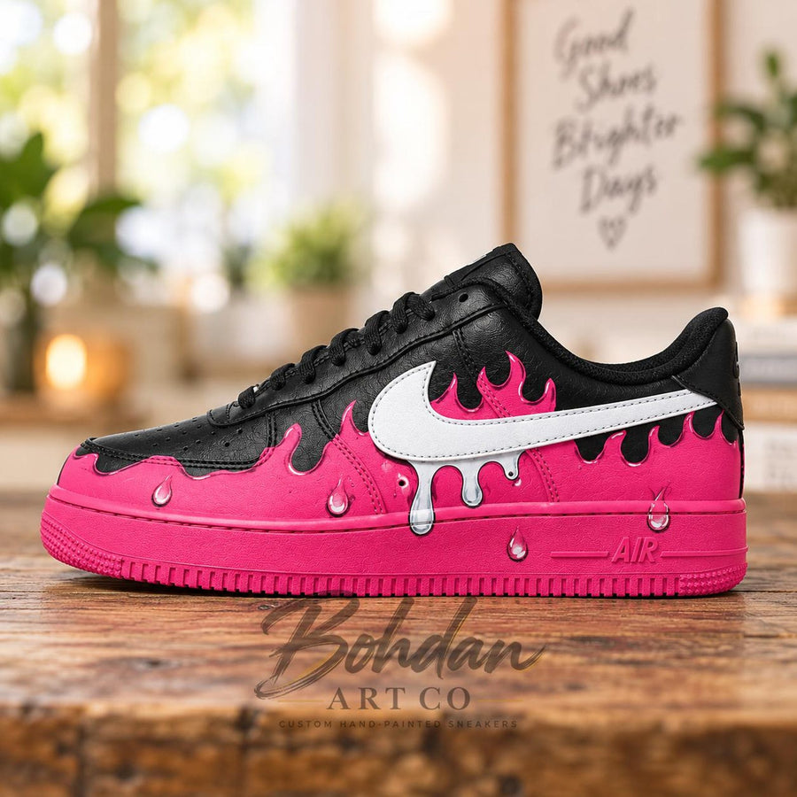 Hand Painted Hot Pink Drip AF1 Shoes, Black Glossy Melting Slime Artwork, Custom Air Force 1, Personalized Streetwear Gift