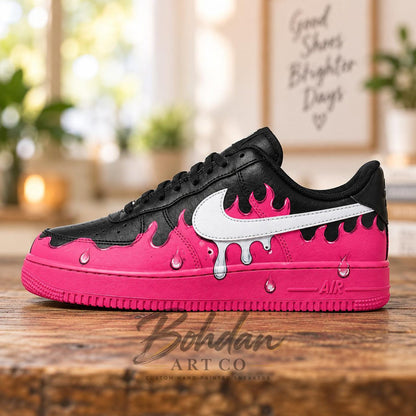 Hand Painted Hot Pink Drip AF1 Shoes, Black Glossy Melting Slime Artwork, Custom Air Force 1, Personalized Streetwear Gift