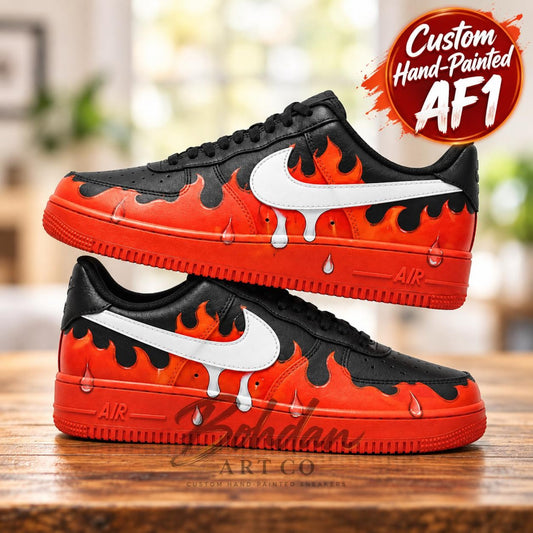 Hand Painted Orange Red Flame AF1 Shoes, Black Fiery Gradient Blaze Art, Custom Air Force 1, Personalized Boyfriend Gift