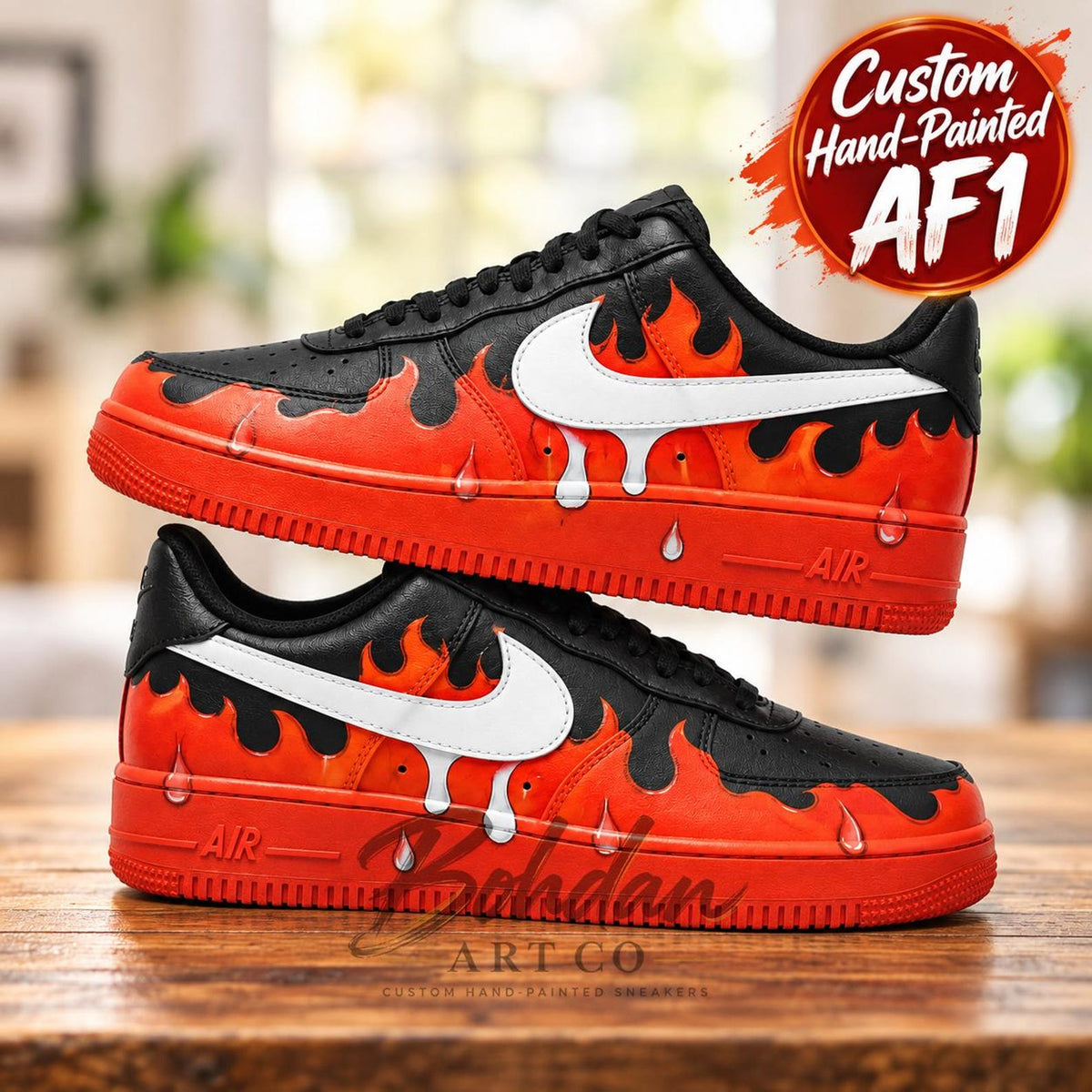 Hand Painted Orange Red Flame AF1 Shoes, Black Fiery Gradient Blaze Art, Custom Air Force 1, Personalized Boyfriend Gift