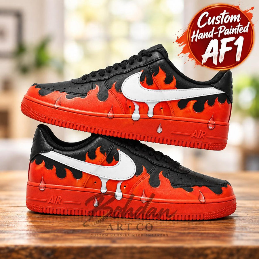 Hand Painted Orange Red Flame AF1 Shoes, Black Fiery Gradient Blaze Art, Custom Air Force 1, Personalized Boyfriend Gift