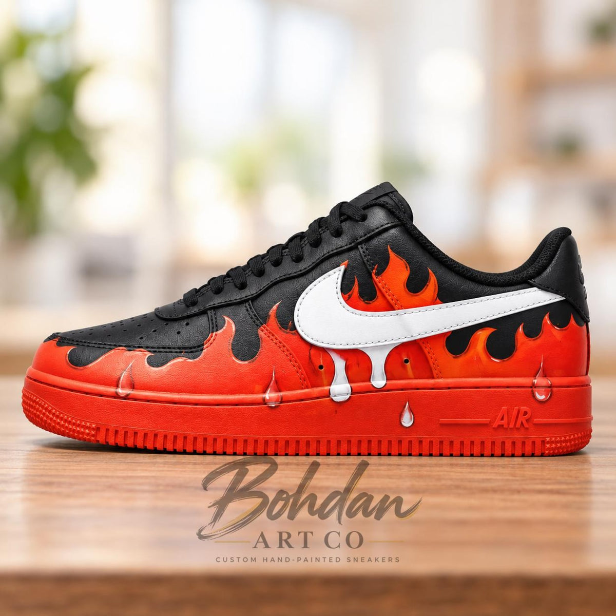 Hand Painted Orange Red Flame AF1 Shoes, Black Fiery Gradient Blaze Art, Custom Air Force 1, Personalized Boyfriend Gift