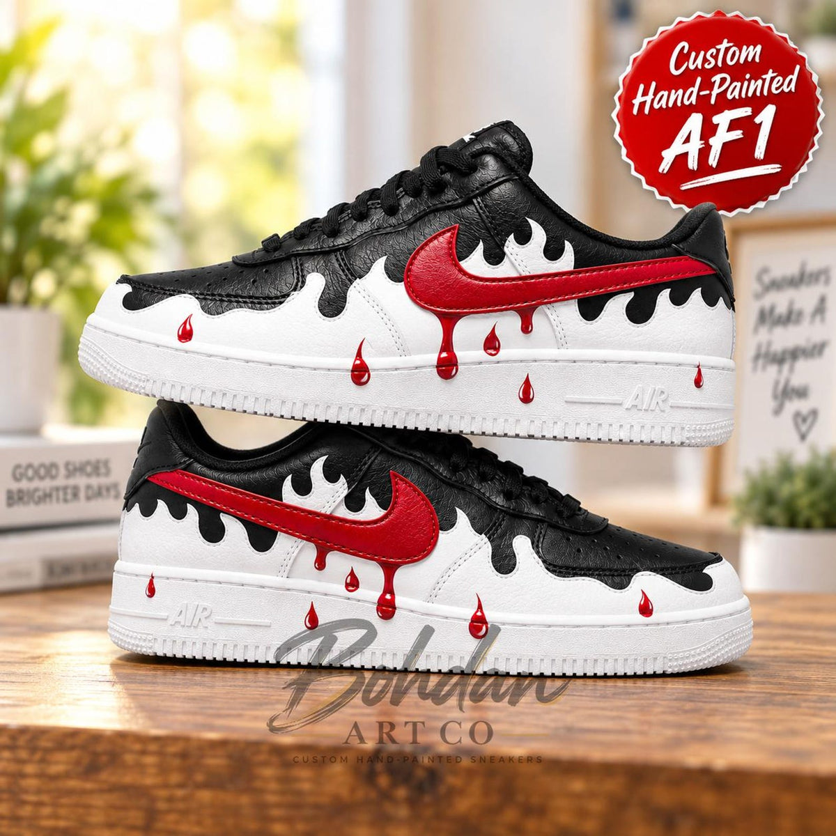 Hand Painted Red Blood Drip AF1 Shoes, Black White Melting Droplet Artwork, Custom Air Force 1, Personalized Boyfriend Gift