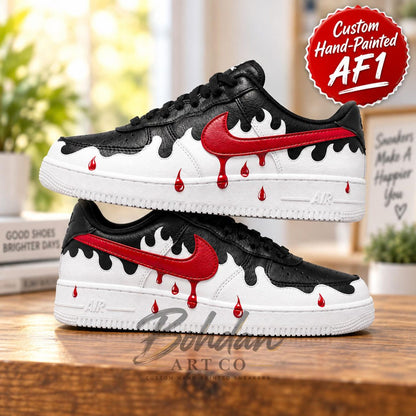 Hand Painted Red Blood Drip AF1 Shoes, Black White Melting Droplet Artwork, Custom Air Force 1, Personalized Boyfriend Gift