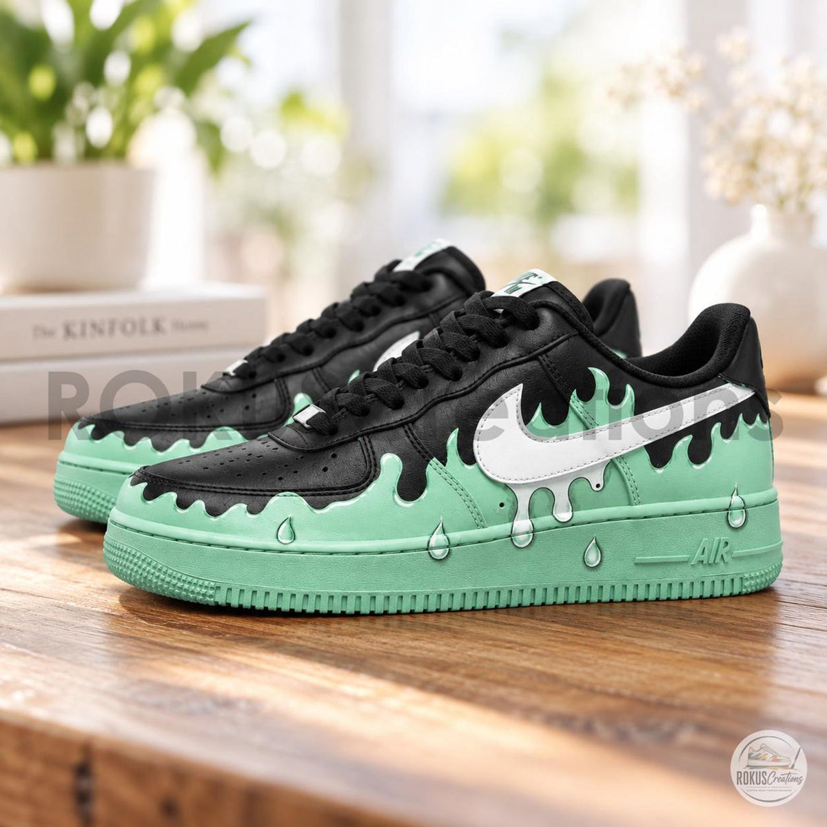 Hand Painted Mint Green Drip AF1 Shoes, Black Melting Slime Droplet Artwork, Custom Air Force 1, Personalized Sneakerhead Gift