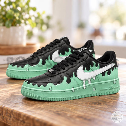 Hand Painted Mint Green Drip AF1 Shoes, Black Melting Slime Droplet Artwork, Custom Air Force 1, Personalized Sneakerhead Gift