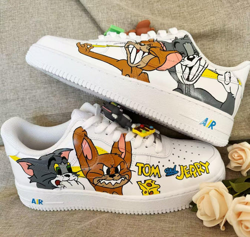 Hand Painted Tom Jerry Air Force 1 Sneakers: Custom Anime Shoes AF1 white personalized gift design wedding fashion trainers