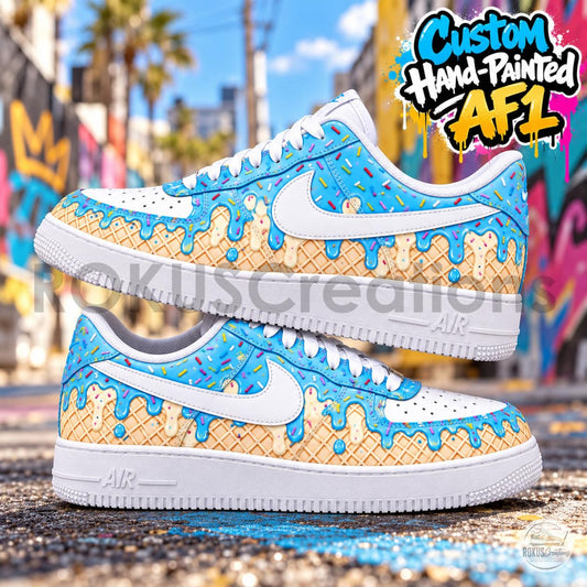 Custom Ice Cream AF1 Sneakers, Melted Glaze Waffle Cone Shoes, Hand Painted Blue Drip Pastel Sprinkles Kicks, Unique Foodie Gift