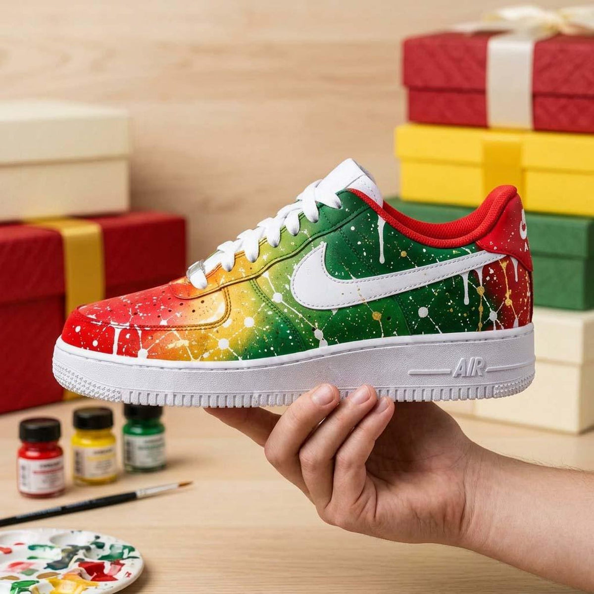 Christmas Gradient Painted Sneakers, Custom Hand Painted Footwear